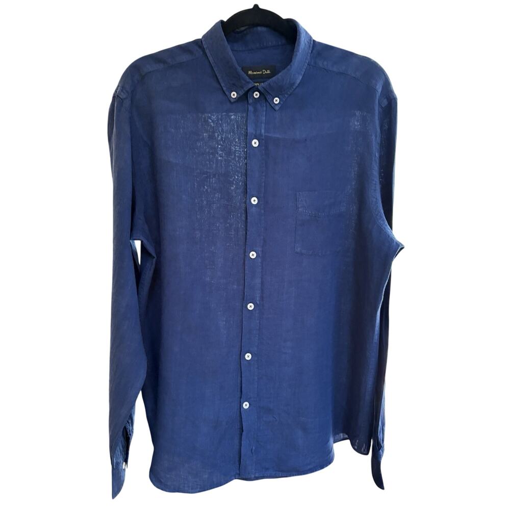 Massimo Dutti Shirt Mens Blue 100% Linen Long Sleeve Button Up XL Chest Pocket